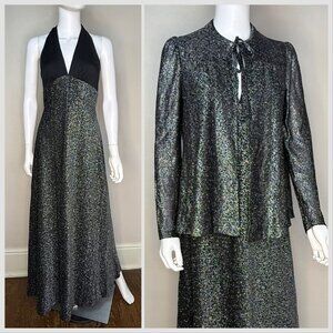 Vintage 1970s Black and Silver Lurex Halter Maxi Dress, Coverlet, Corky Craig XS